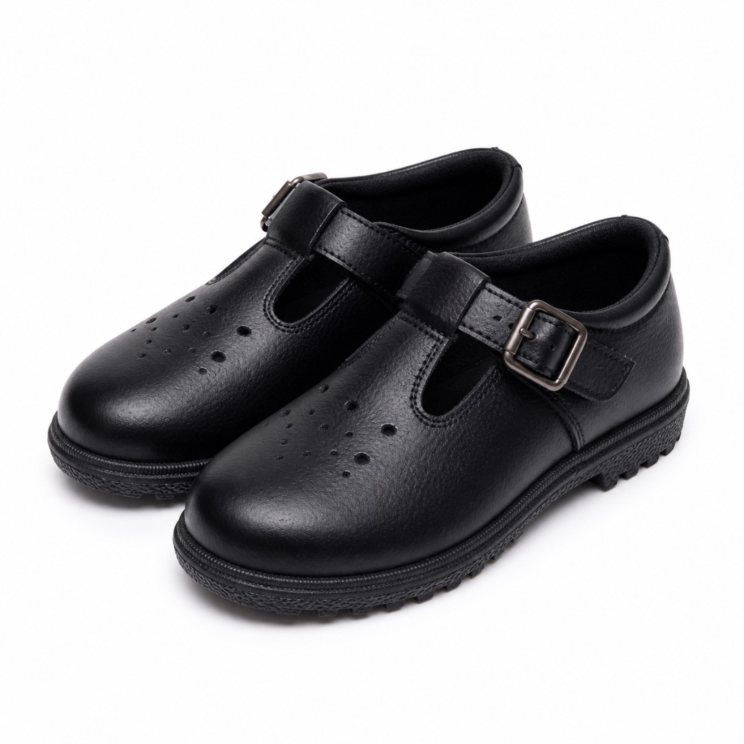 Kids Black Leather T Bar Buckle Shoes