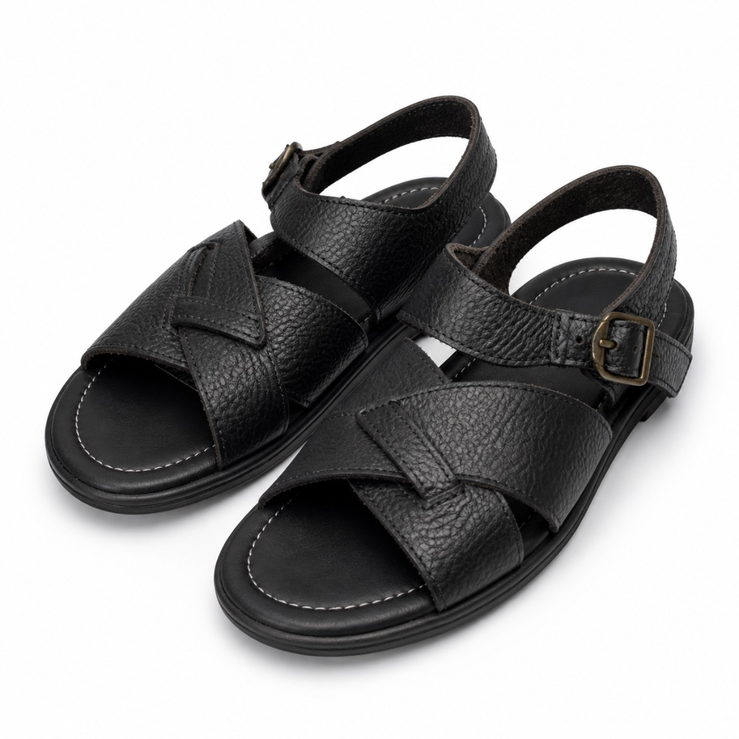 Kids  Black Cross Strap Leather Slide Sandals