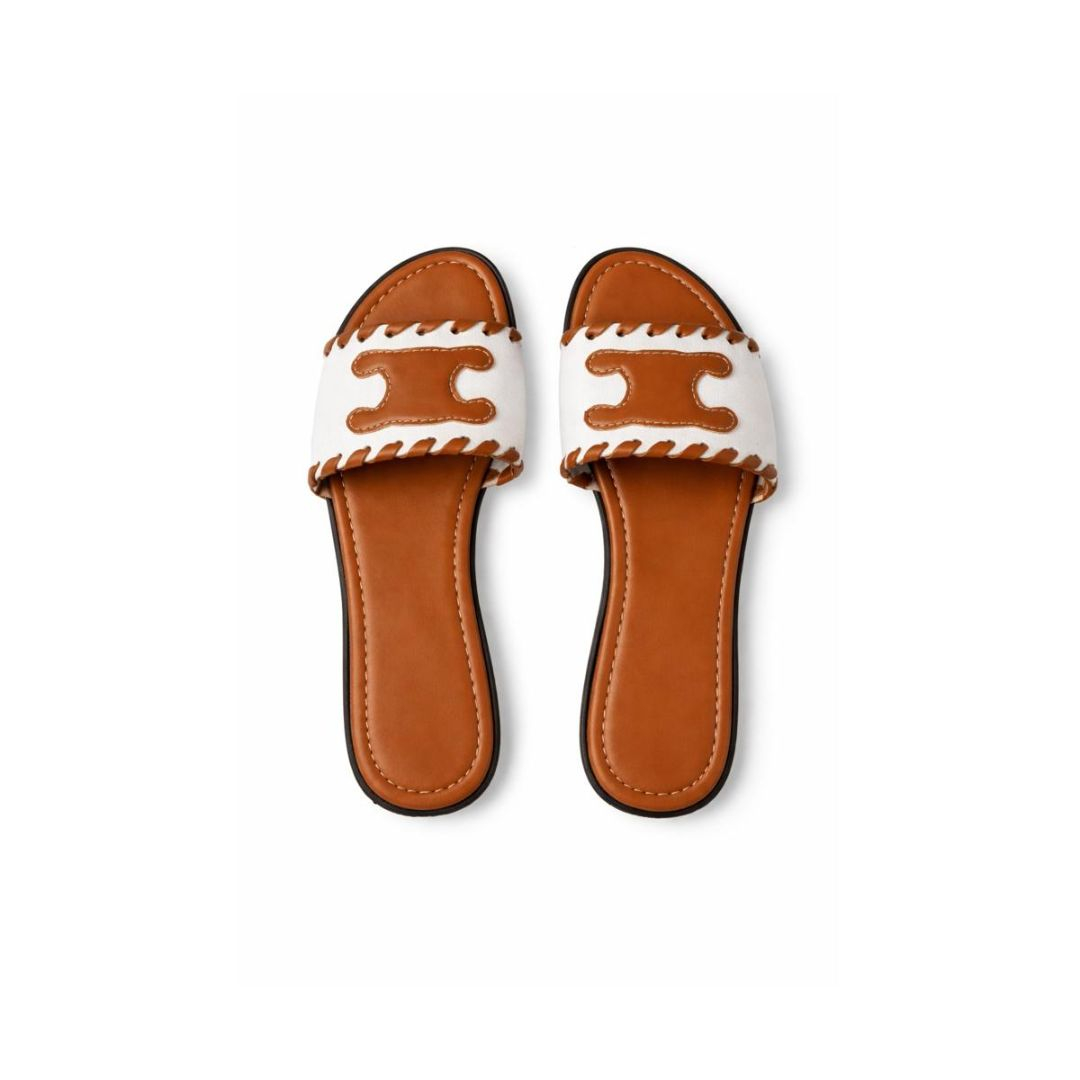 Womens Flat Slide Sandals with Stitched Strap