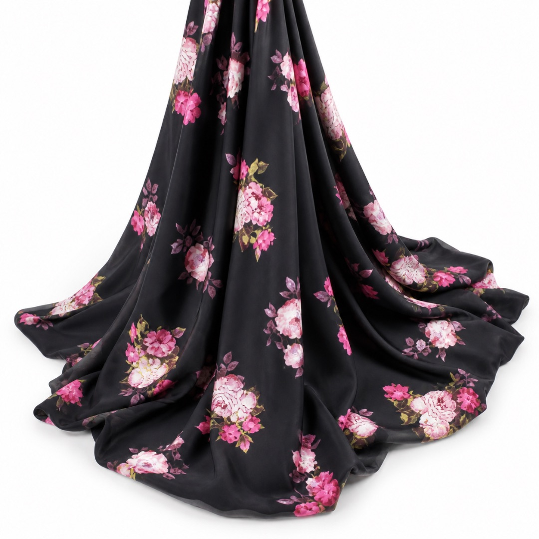 Black Floral Print Fabric     Soft Pink Rose Pattern Lightweight Material