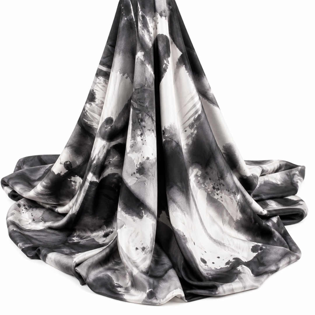 Black and White Abstract Marble Print Fabric    Soft Flowing Luxury Material