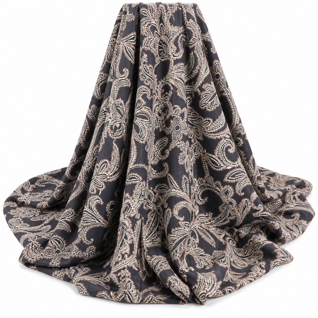 Black and Gold Damask Print Fabric     Luxury Floral Ornamental Pattern Material