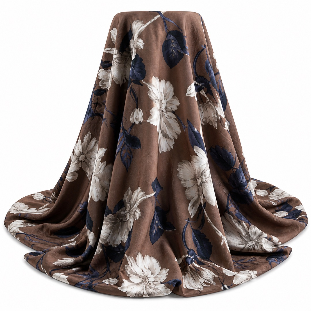 Brown Floral Print Fabric    Elegant Soft Pattern Material
