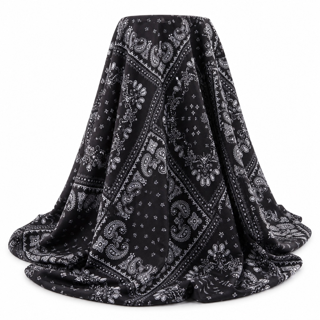 Classic Bandana Print Fabric      Black and White Paisley Pattern Material