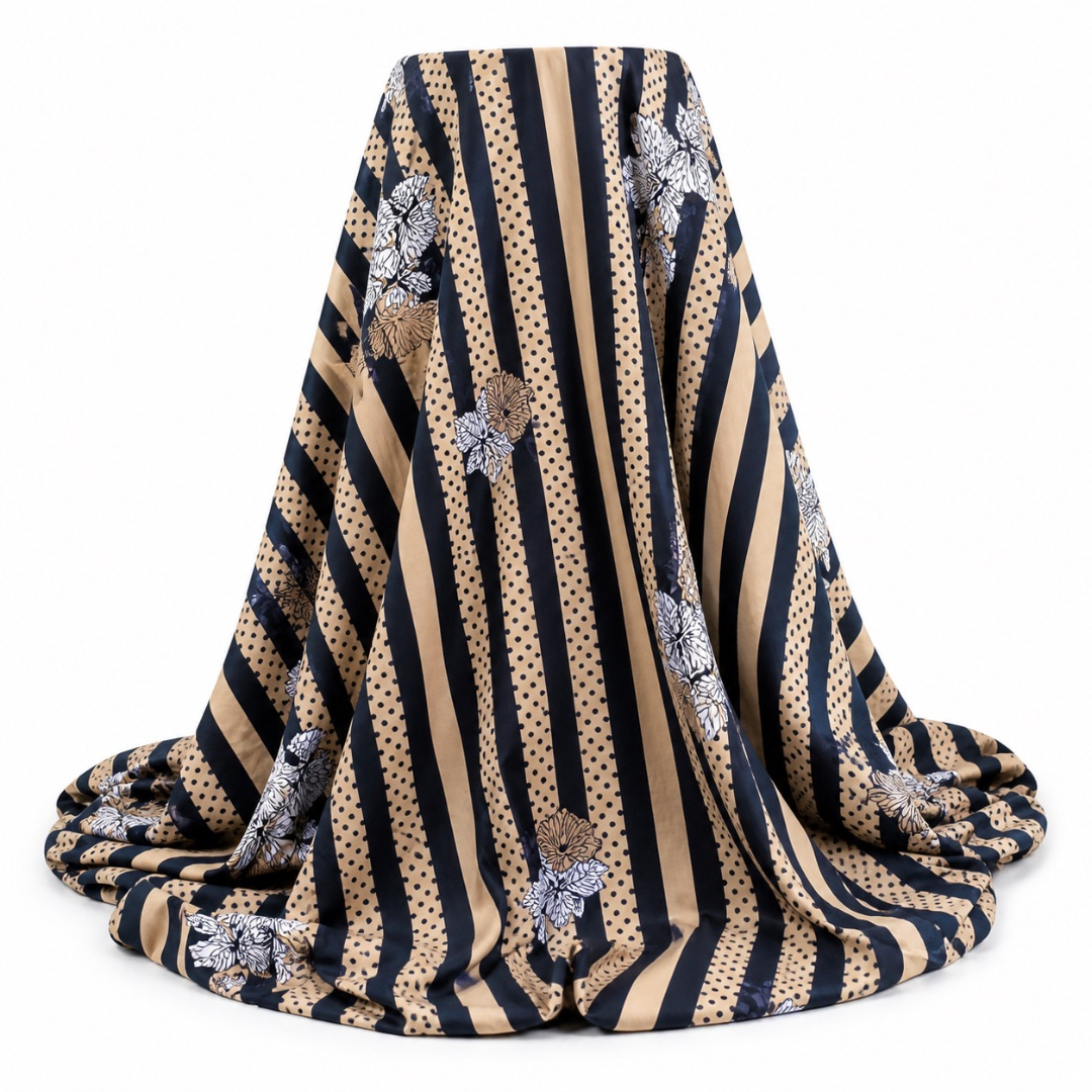 Striped and Polka Dot Floral Fabric      Navy Blue and Beige Pattern Material