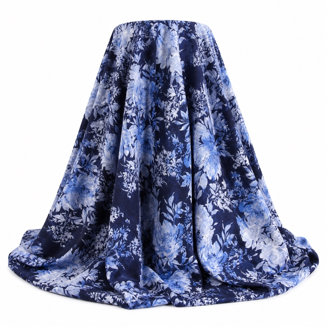 Classic Blue Floral Fabric     Elegant Vintage Blossom Pattern Material