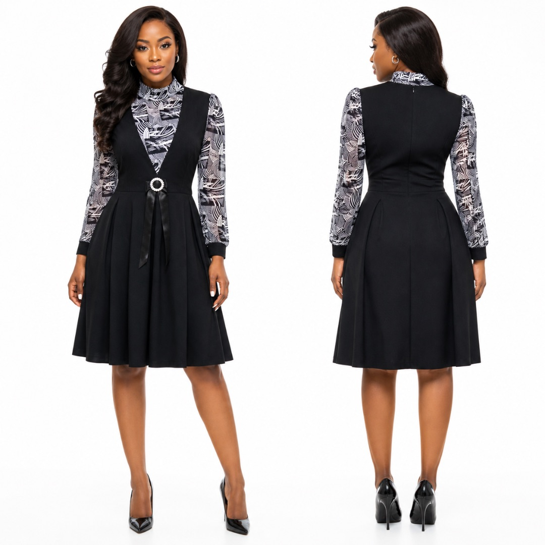 Black Layered Midi Dress with Monochrome Abstract Inner Top      Elegant Modern Outfit