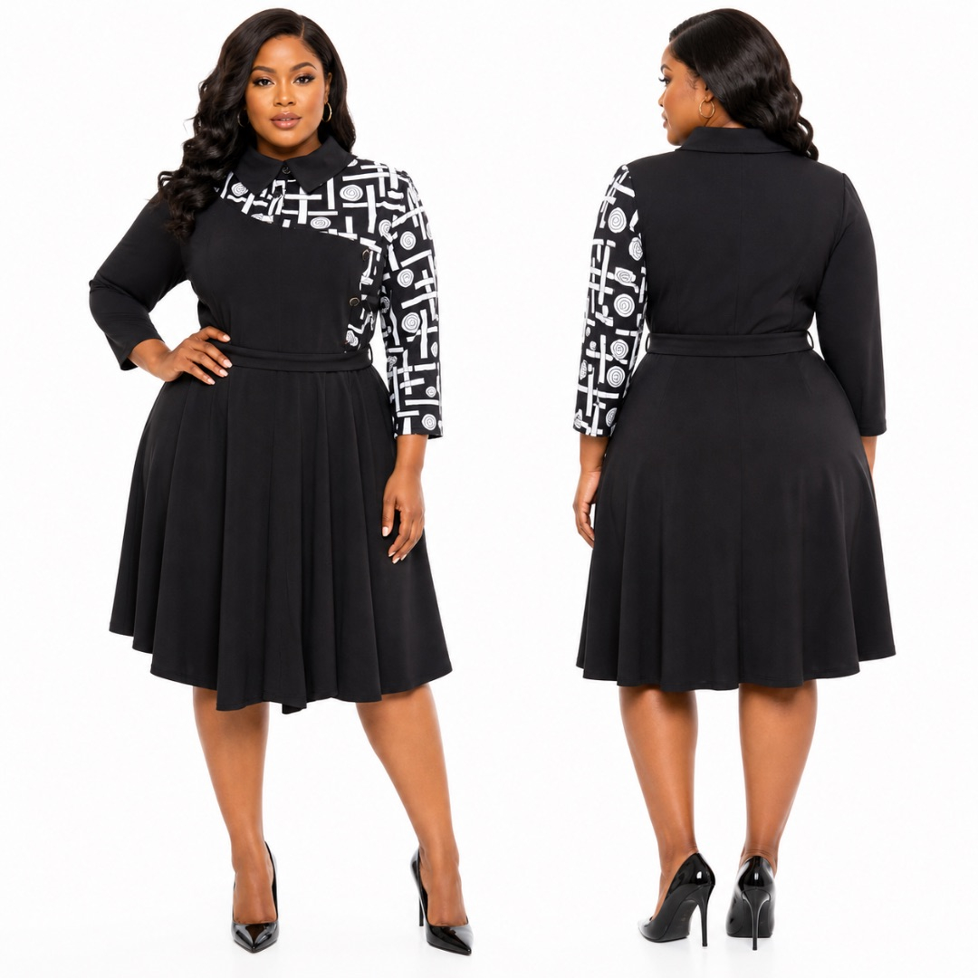 Black Fit and Flare Dress with Monochrome Geometric Sleeve Detail    Elegant Modern Outfit