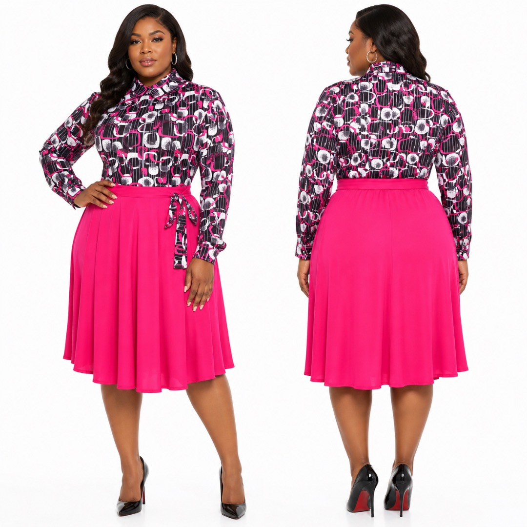 Pink Flare Skirt Dress with Abstract Print Top     Bold Modern Womens Outfit