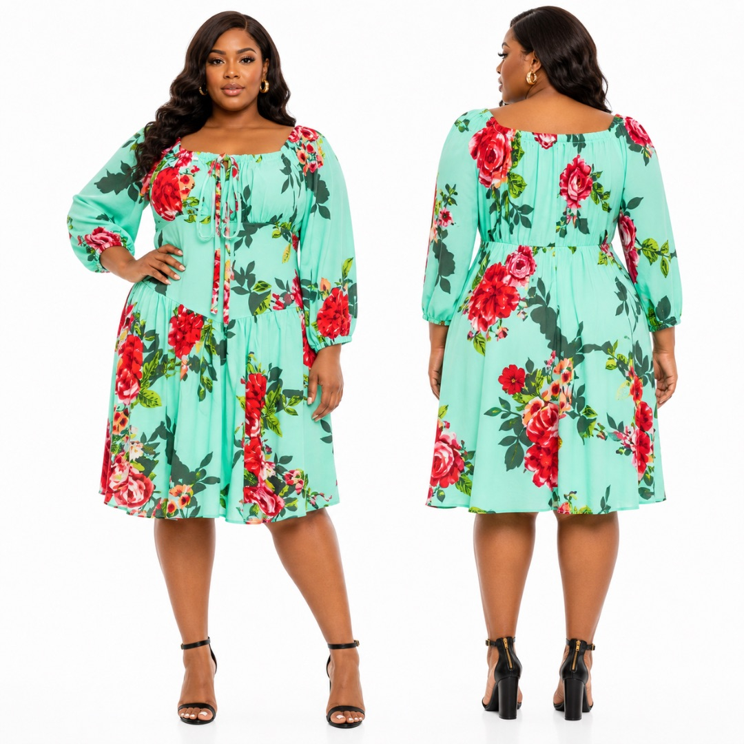 Mint Green Floral Flare Dress      Soft Feminine Off Shoulder Style