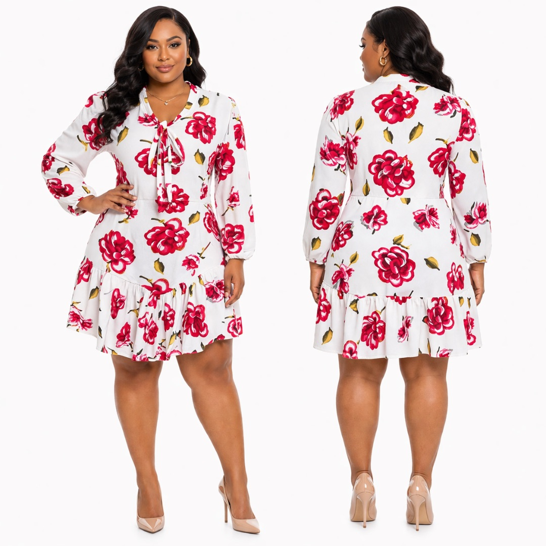 White Floral Ruffle Hem Dress     Soft Elegant Red Bloom Womens Outfit