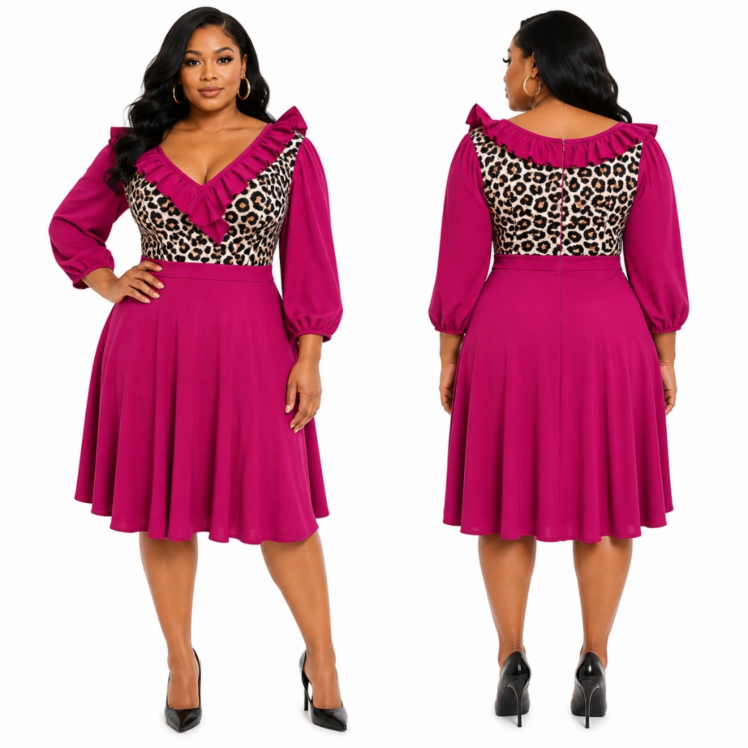 Magenta Flare Dress with Leopard Print Bodice     Bold Chic Womens Outfit