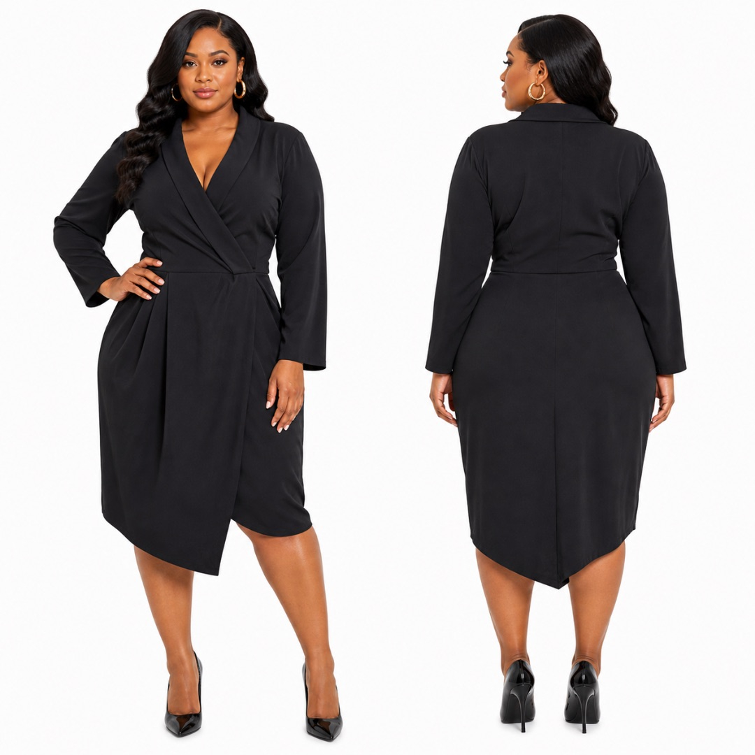 Black Wrap Midi Dress     Classic Elegant Tailored Womens Outfit
