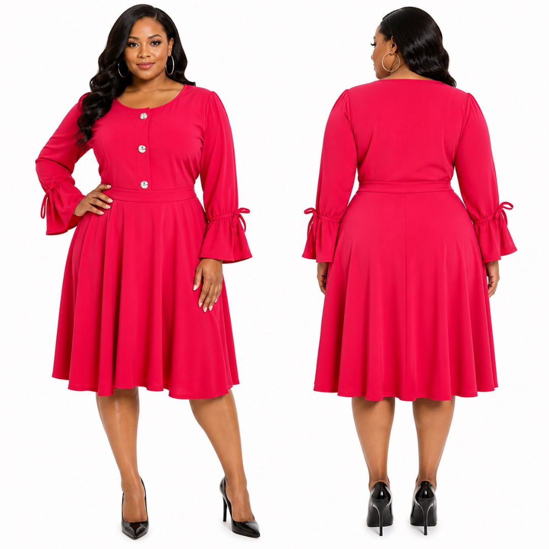 Red Fit and Flare Dress with Button Detail      Elegant Classic Womens Outfit