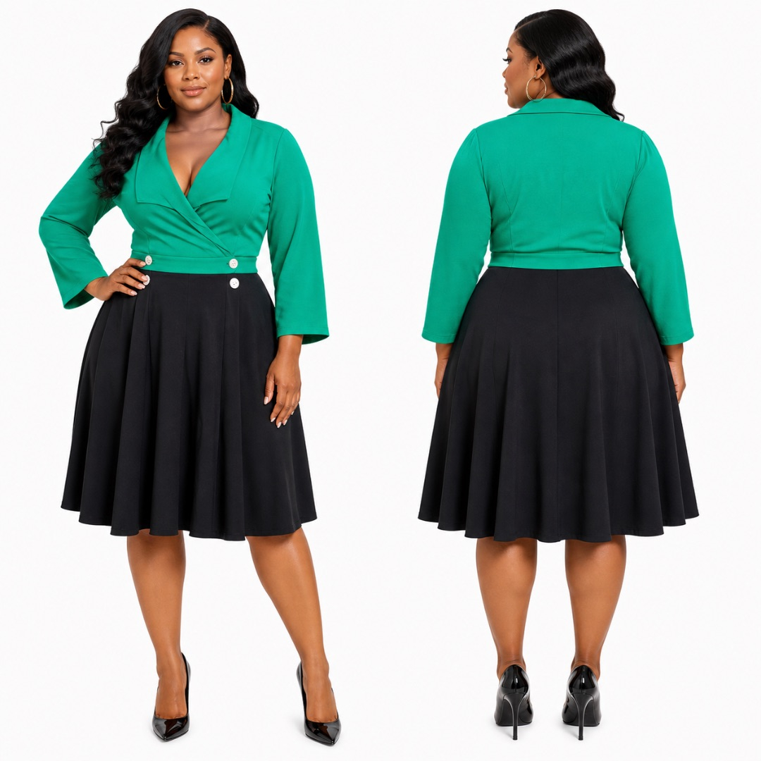 Green Wrap Top Dress with Black Flare Skirt     Elegant Two Tone Womens Outfit