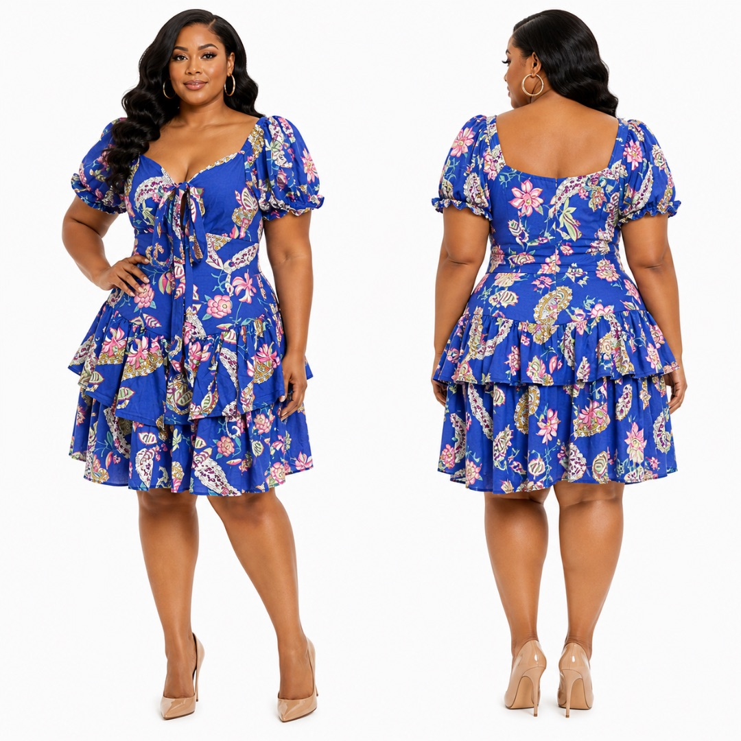 Royal Blue Floral Ruffle Dress        Tie Front Puff Sleeve Womens Outfit