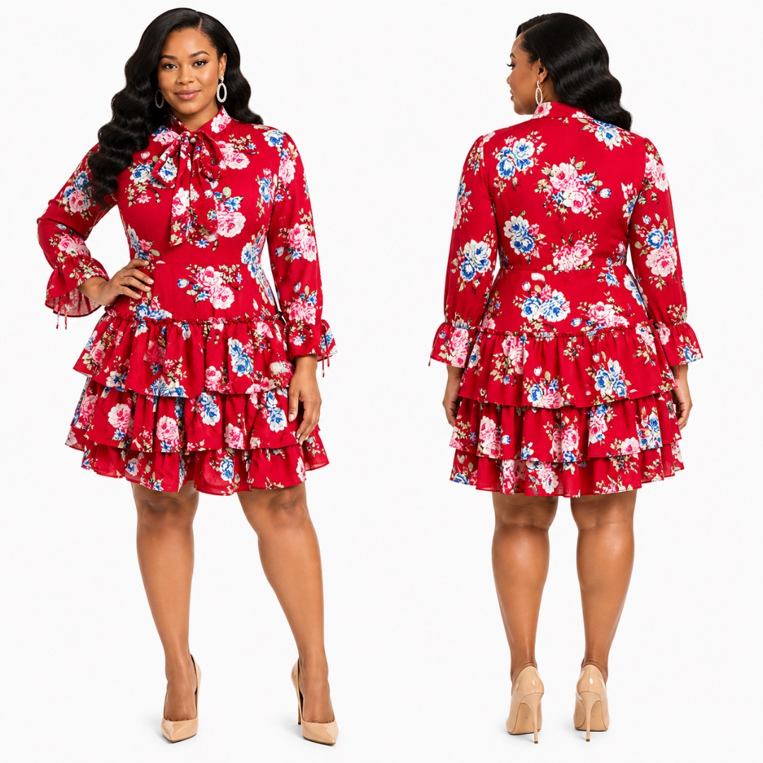 Red Floral Tiered Ruffle Dress     Elegant Layered Womens Outfit
