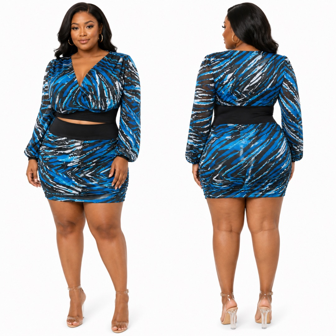 Blue Abstract Print Cut Out Mini Dress       Ruched Bodycon Long Sleeve Outfit