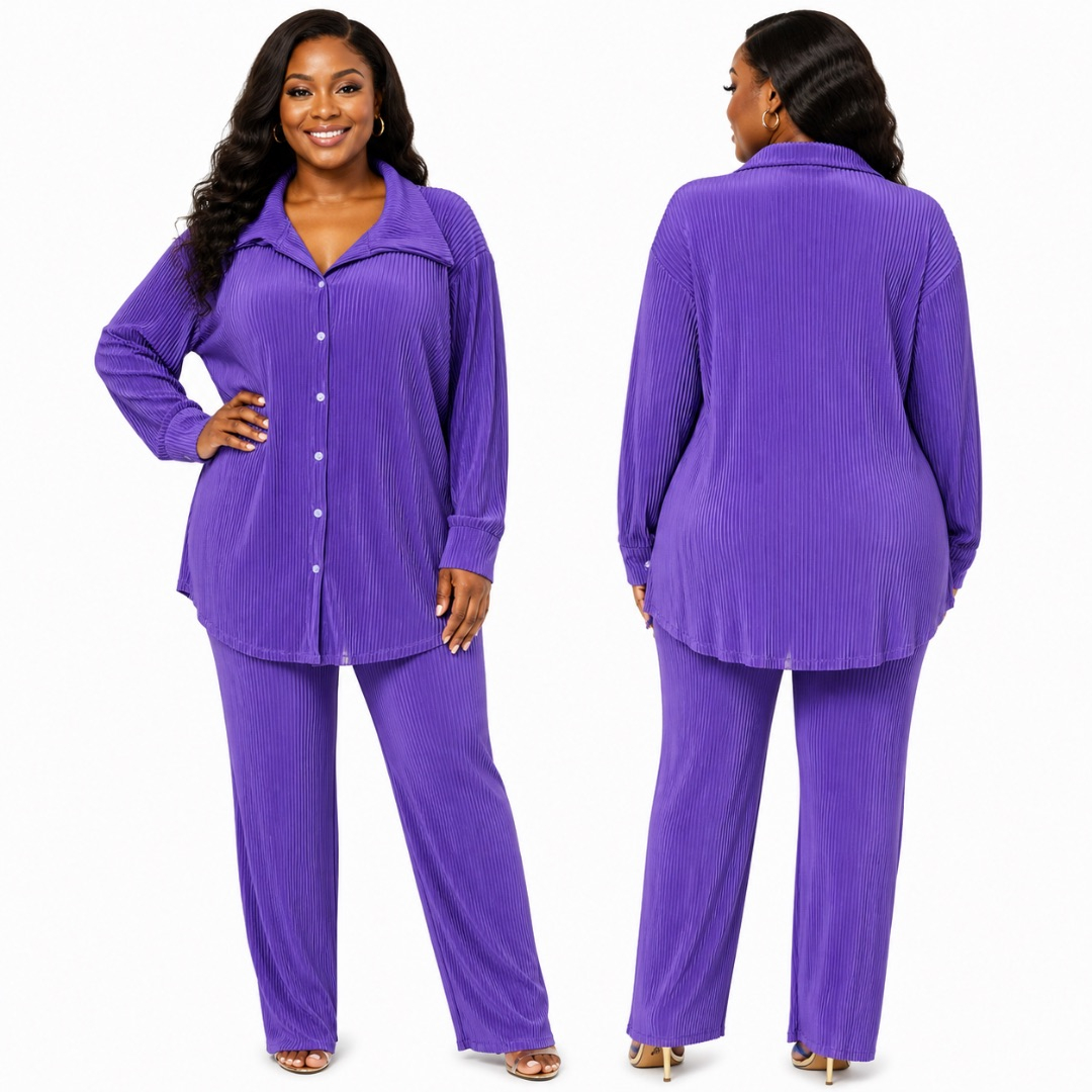 Purple Pleated Two Piece Lounge Set        ButtonUp Long Sleeve Top and Relaxed Pants