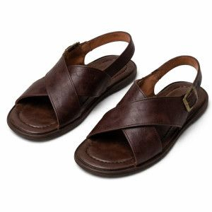 Mens Dual Strap Leather Sandals with Textured Footbed