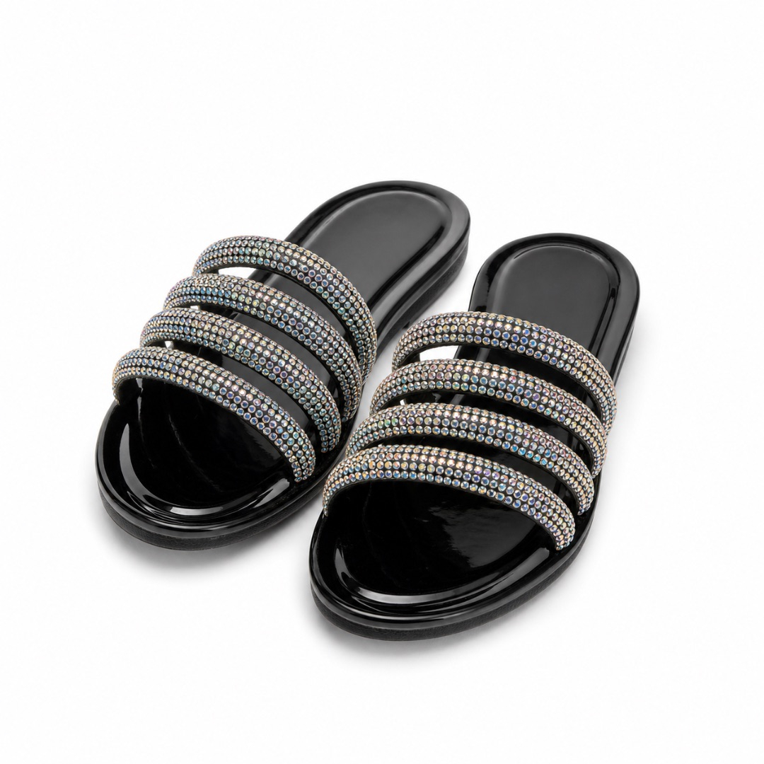 Black Rhinestone Strap Slide Slippers