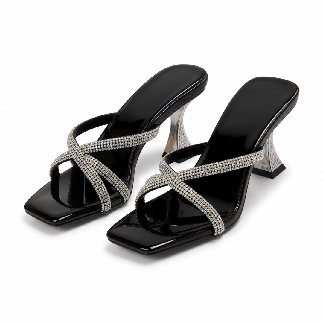 Womens black Luxury Rhinestone High Heel Sandals