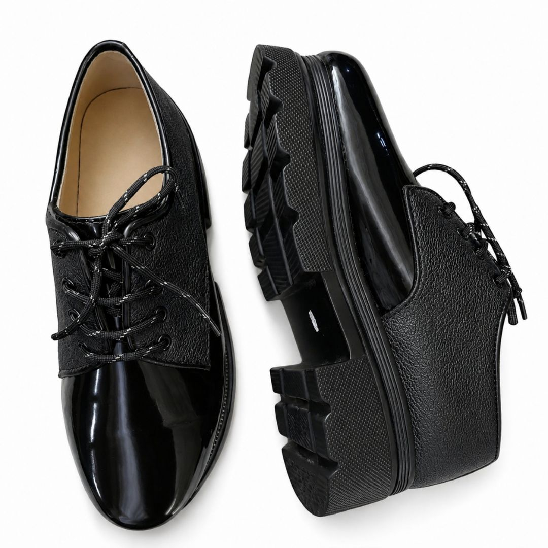 Mens Black Glossy Lace Up Casual Dress Shoes