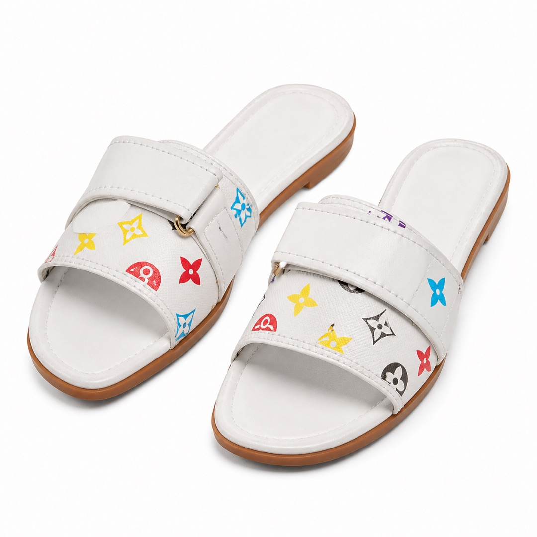 Womens Fashion Printed Double Strap Slide Slippers (White)
