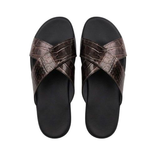 Premium Brown Croc Embossed Leather Crossover Slides