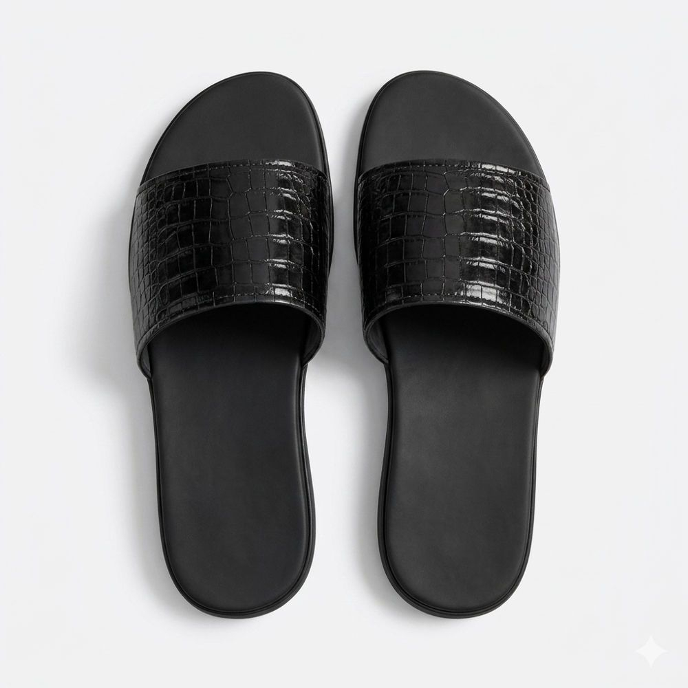 Black Crocodile Embossed Casual Slide Sandals