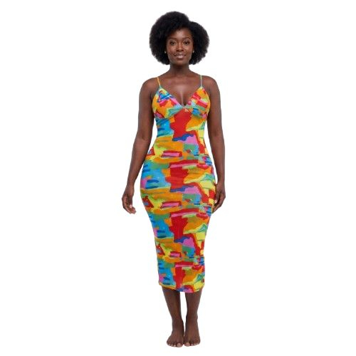 Multicolor Bodycon Midi Dress Spaghetti Strap Printed Dress