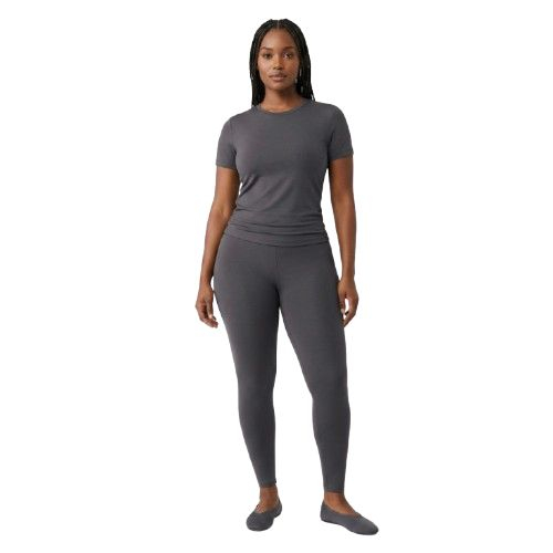 Two Piece Gray Outfit with Short Sleeve Top and HighWaisted Leggings