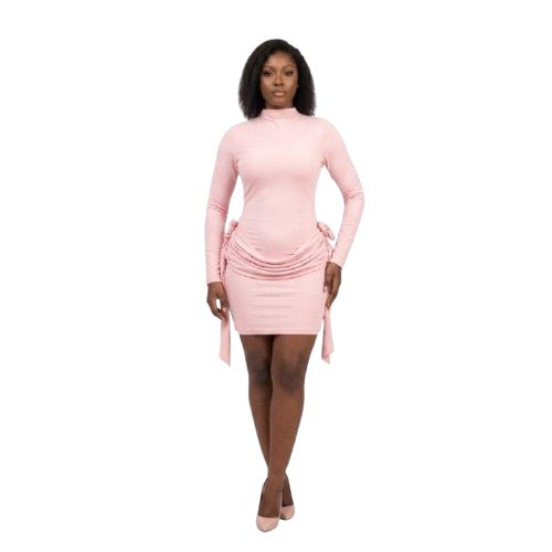 Pink Ruched Bodycon Mini Dress Long Sleeve High Neck Dress