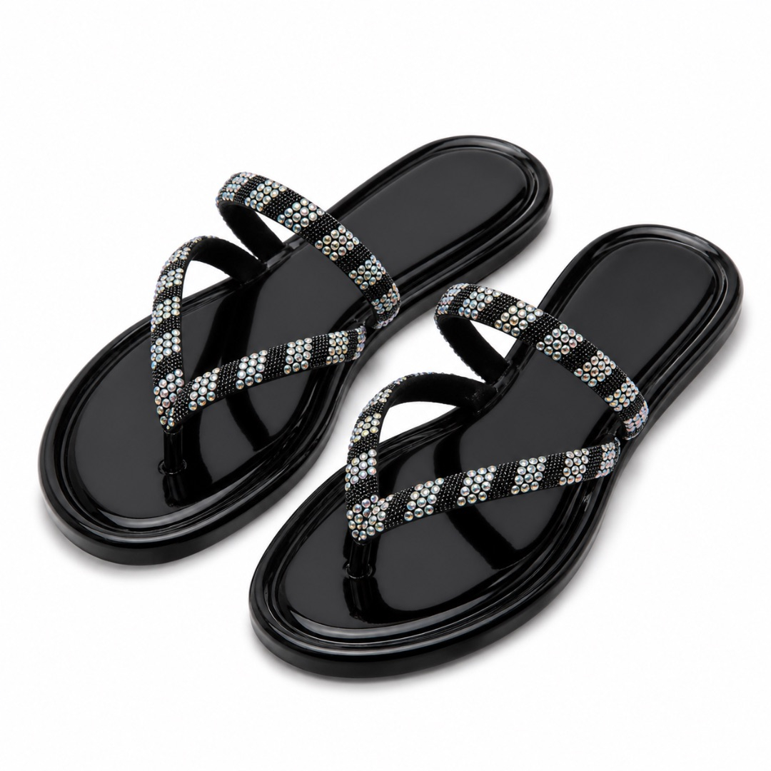 Black Multicolor Rhinestone Toe Post Sandals