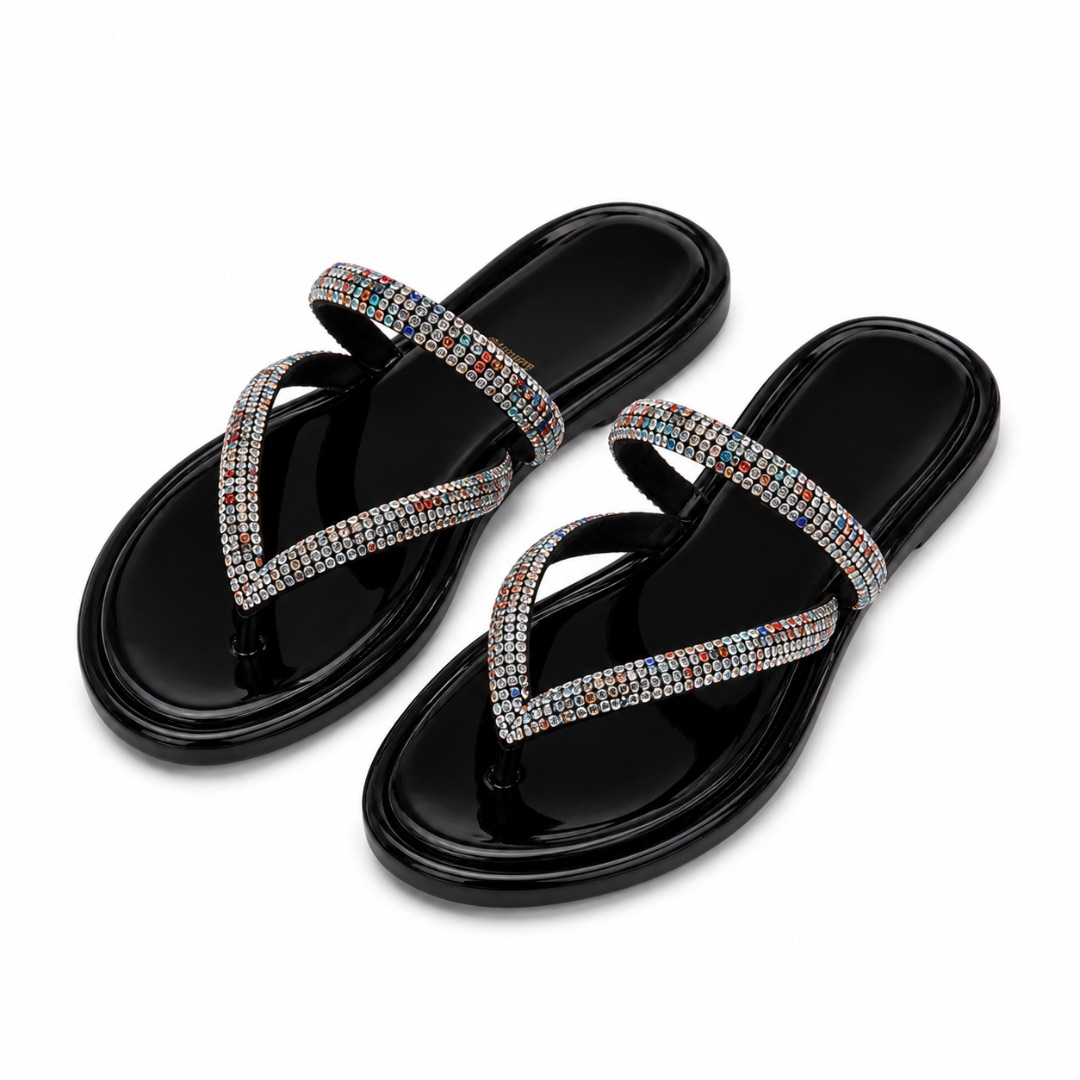 Womens Multicolor Rhinestone Strap Flat Slide Sandals