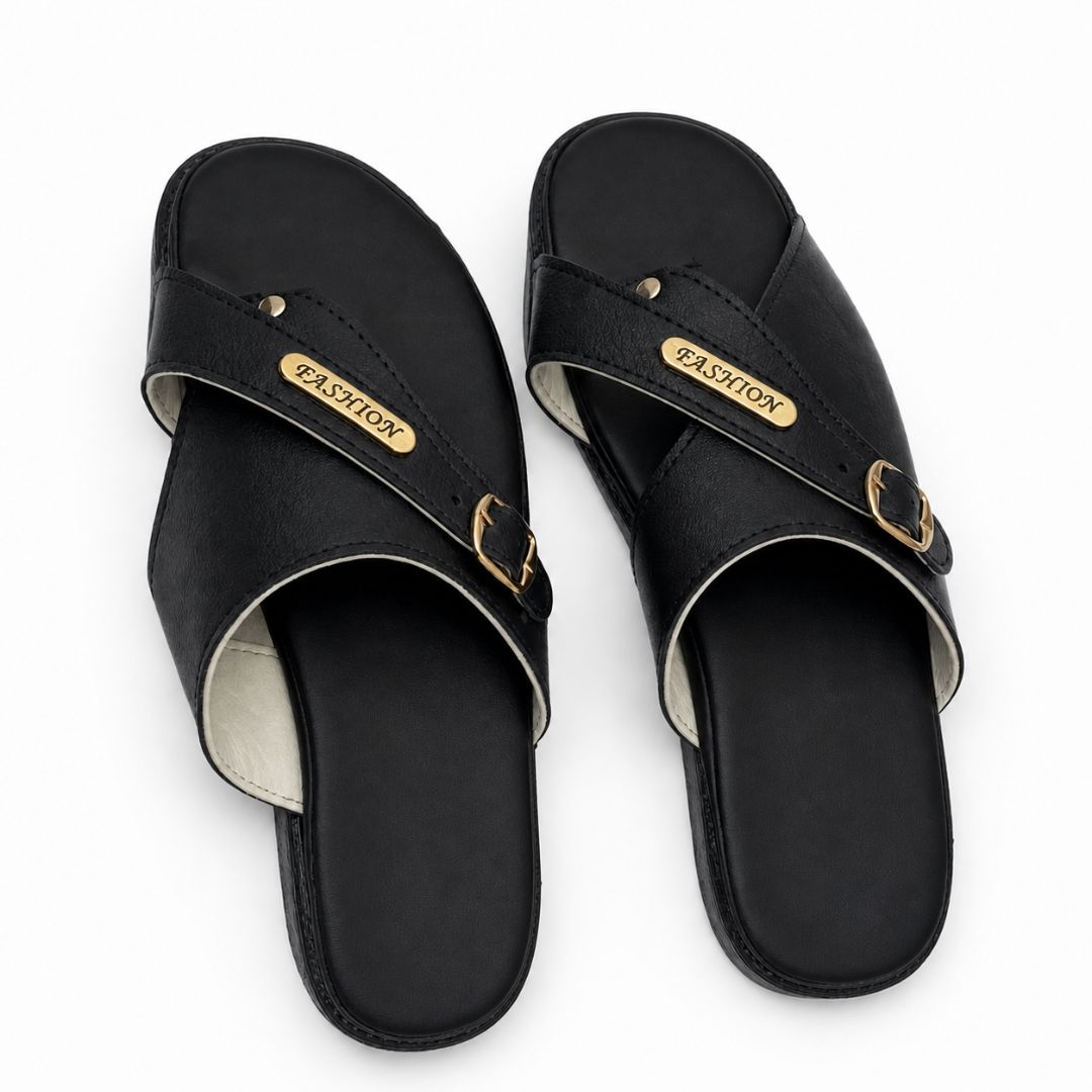 Mens Black Cross Strap Slide Sandals with Adjustable Buckle