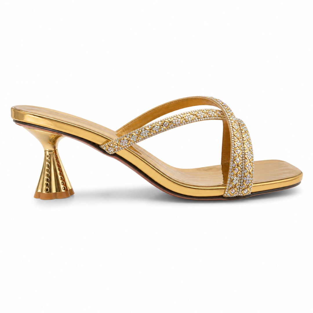 Womens Luxury Gold Rhinestone Cross Strap Heeled Sandals