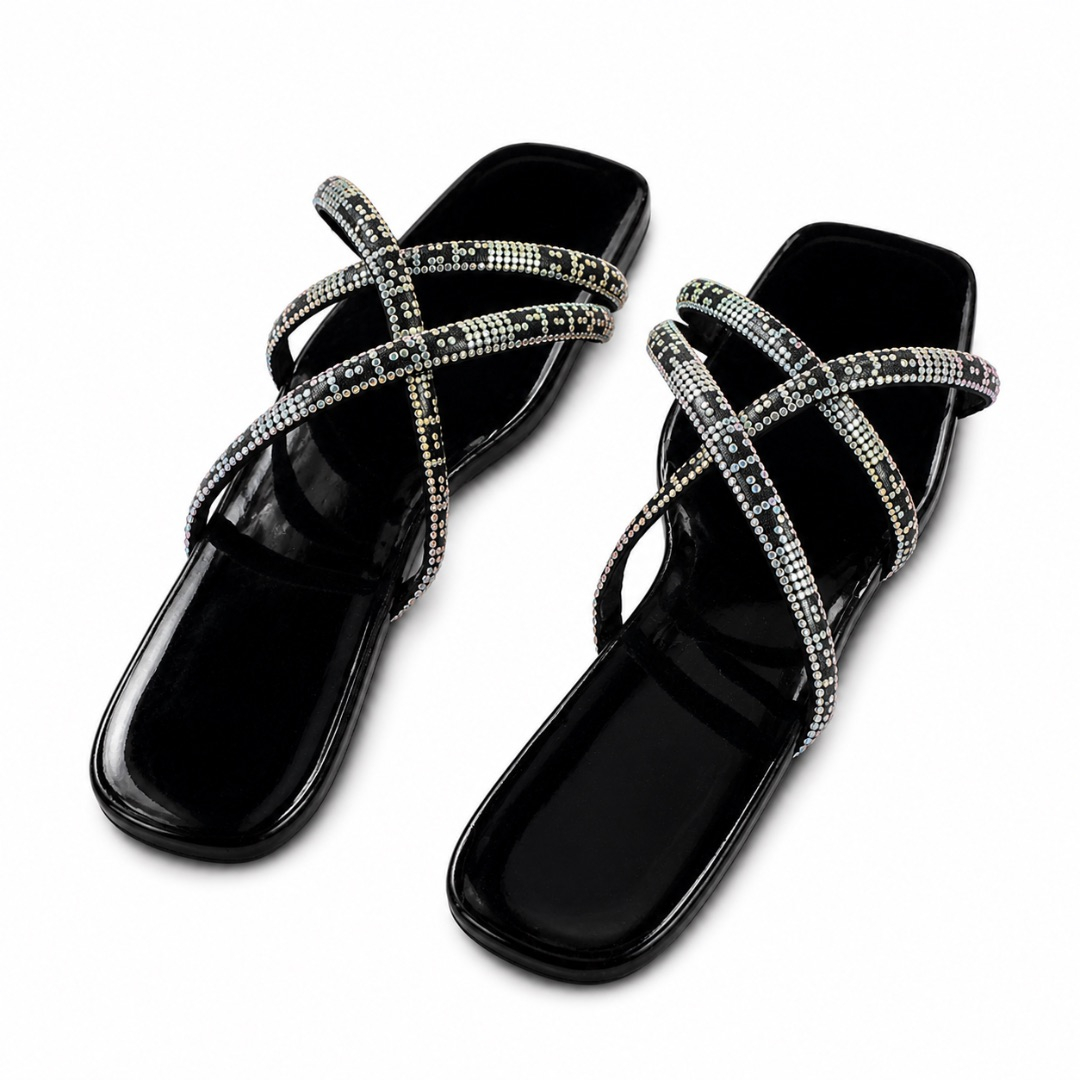 Womens Luxury Rhinestone Cross Strap Flat Slide Slippers (Black)
