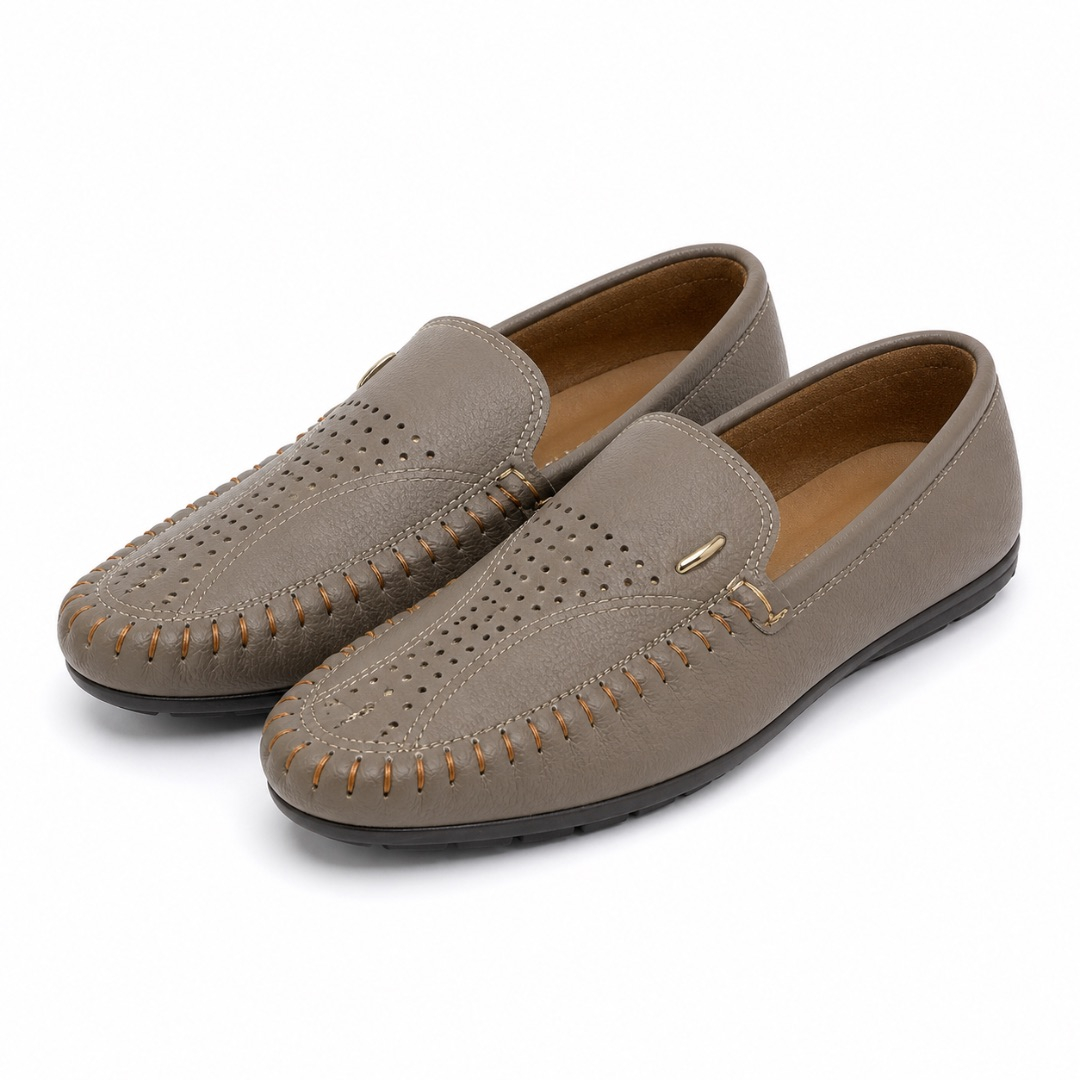 Taupe Perforated Leather Loafers