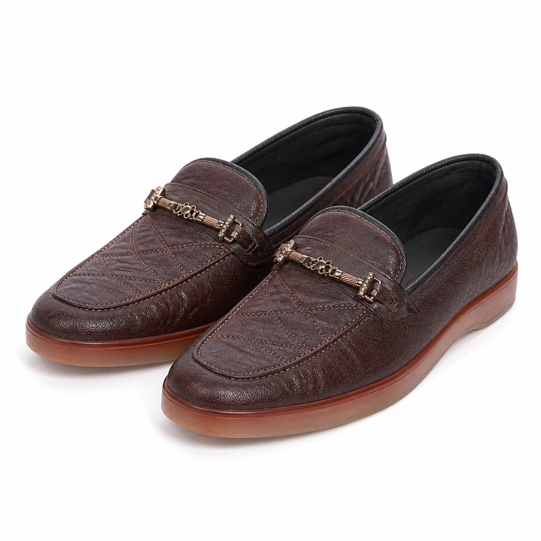 Dark Brown Textured Leather Loafers