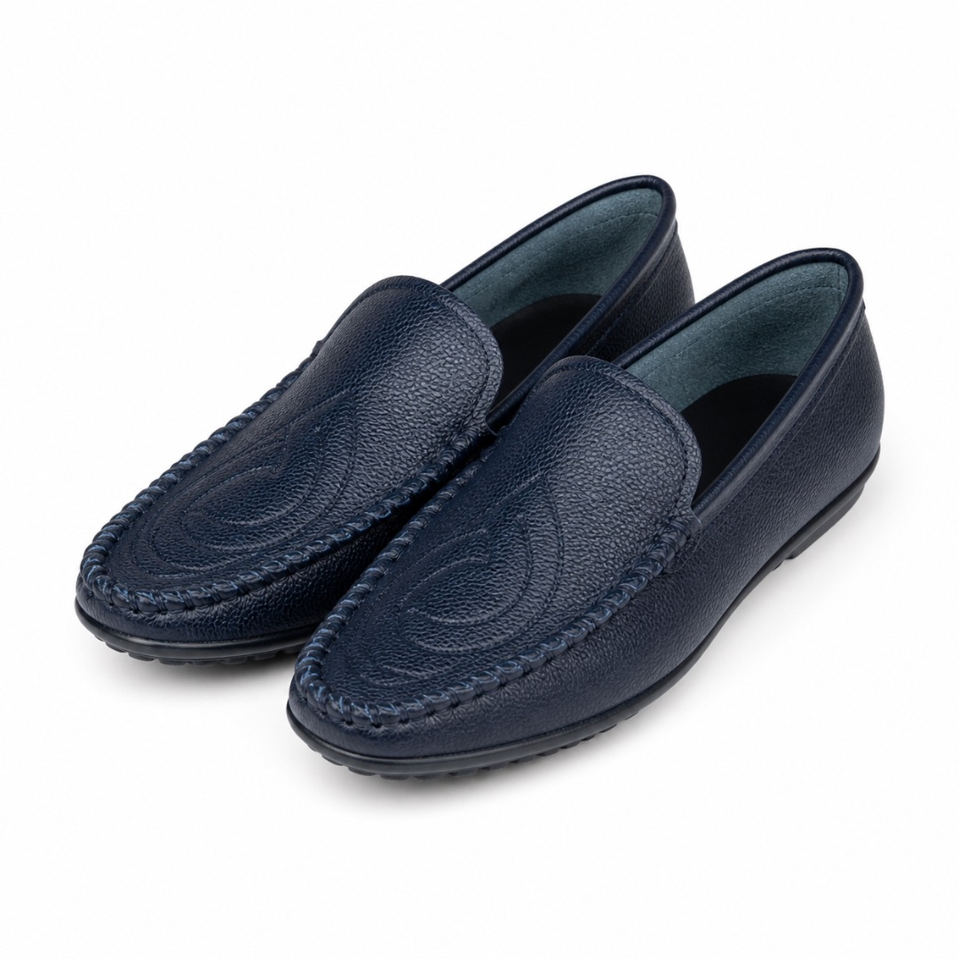 Navy Blue Textured Leather Loafers