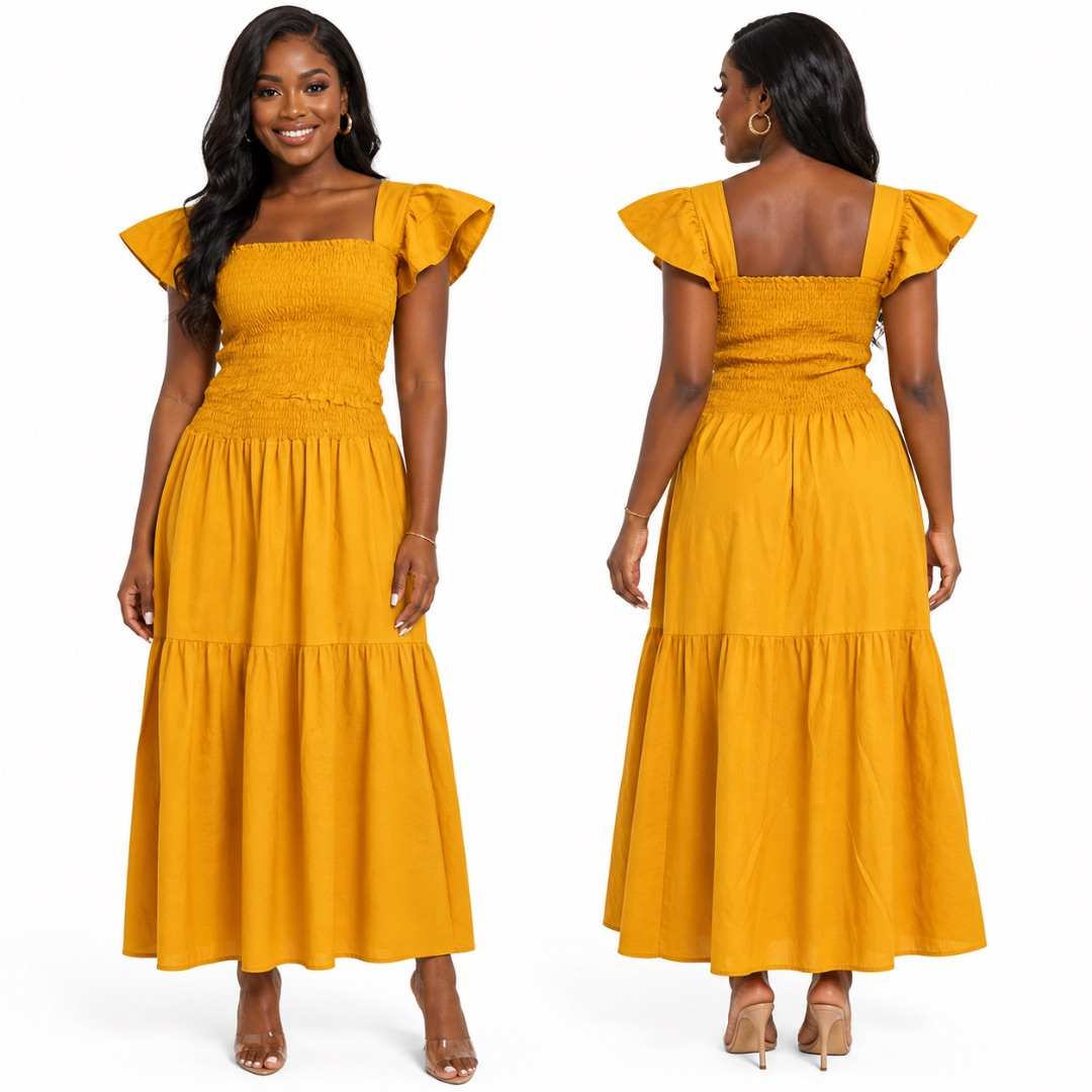 Mustard Smocked Off Shoulder Maxi Dress       Flowy Ruffle Sleeve Summer Outfit