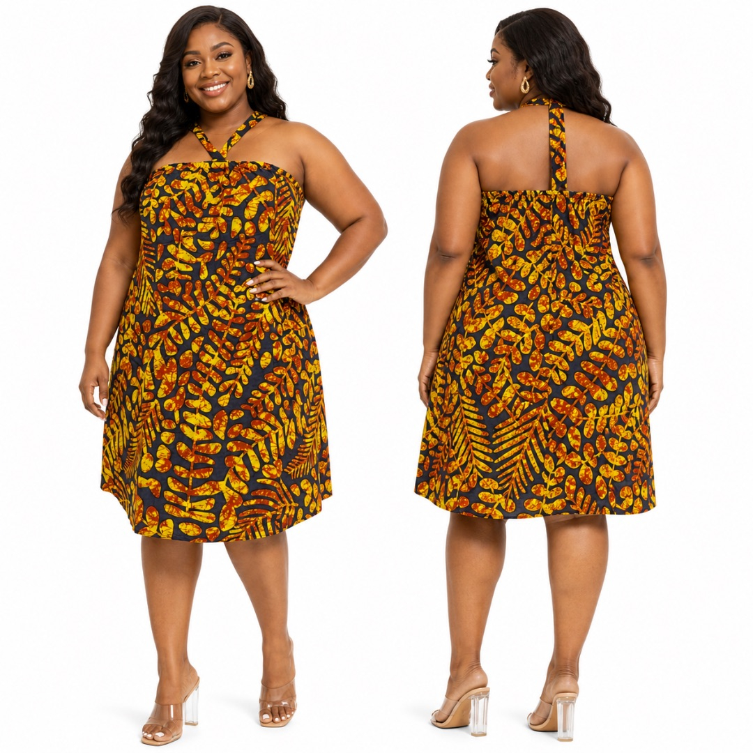 Ankara Print Halter Neck Midi Dress       Bold African Pattern Sleeveless Outfit