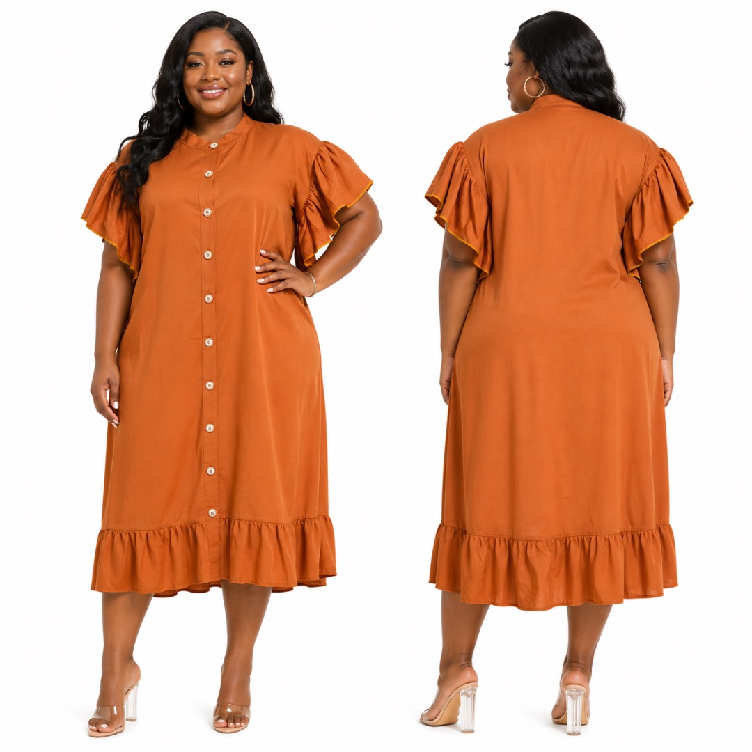 Rust Button Down Midi Dress      Ruffle Sleeve Relaxed Fit Casual Outfit