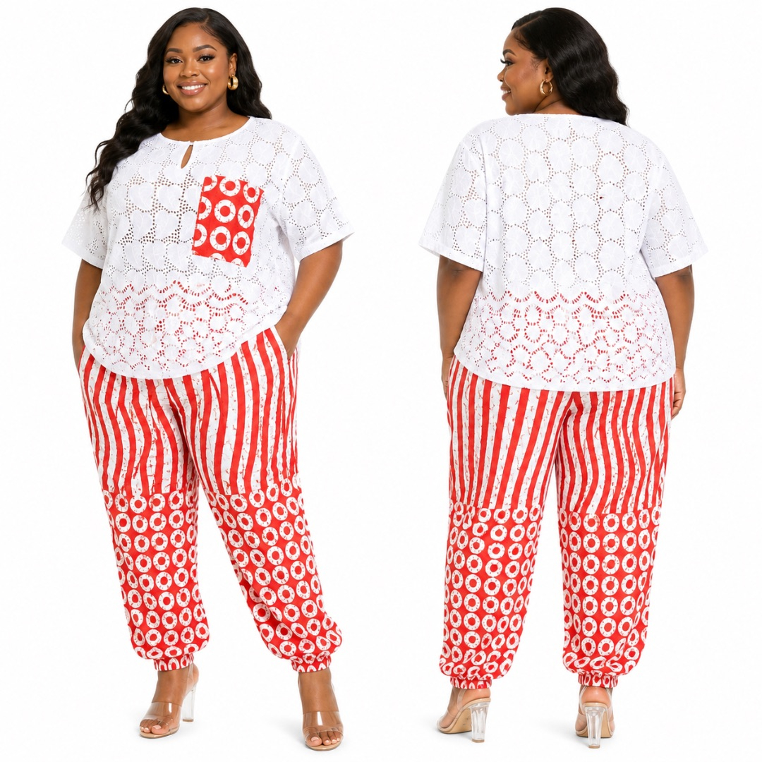 White Eyelet Lace and Ankara Two Piece Set        Short Sleeve Top and Patterned Trousers