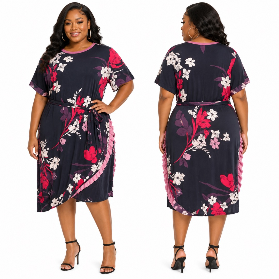 Black Floral Wrap Midi Dress       Ruffle Trim Tie Waist Elegant Outfit