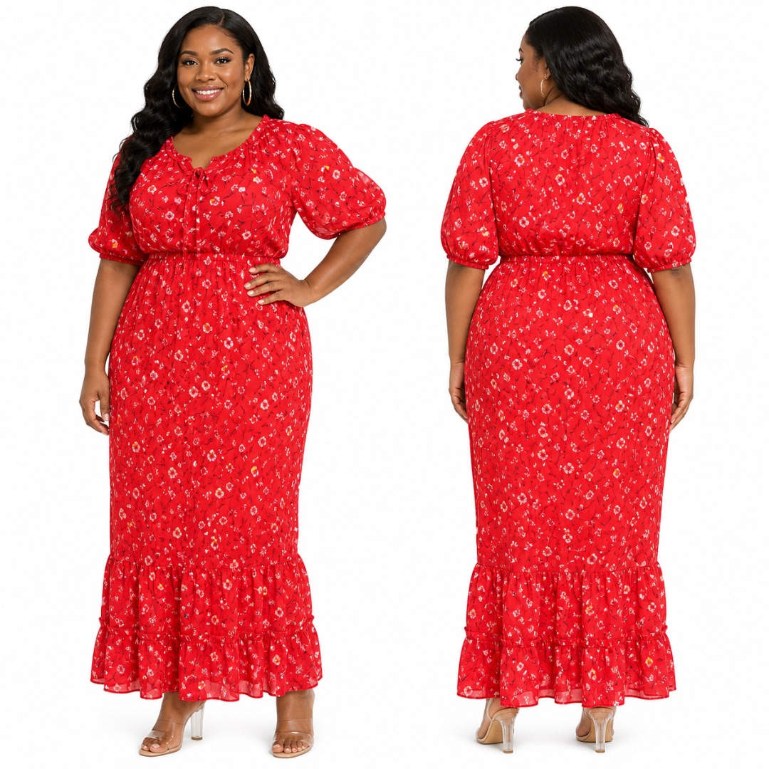 Red Floral Maxi Dress     Puff Sleeve Ruffle Hem Elegant Casual Outfit