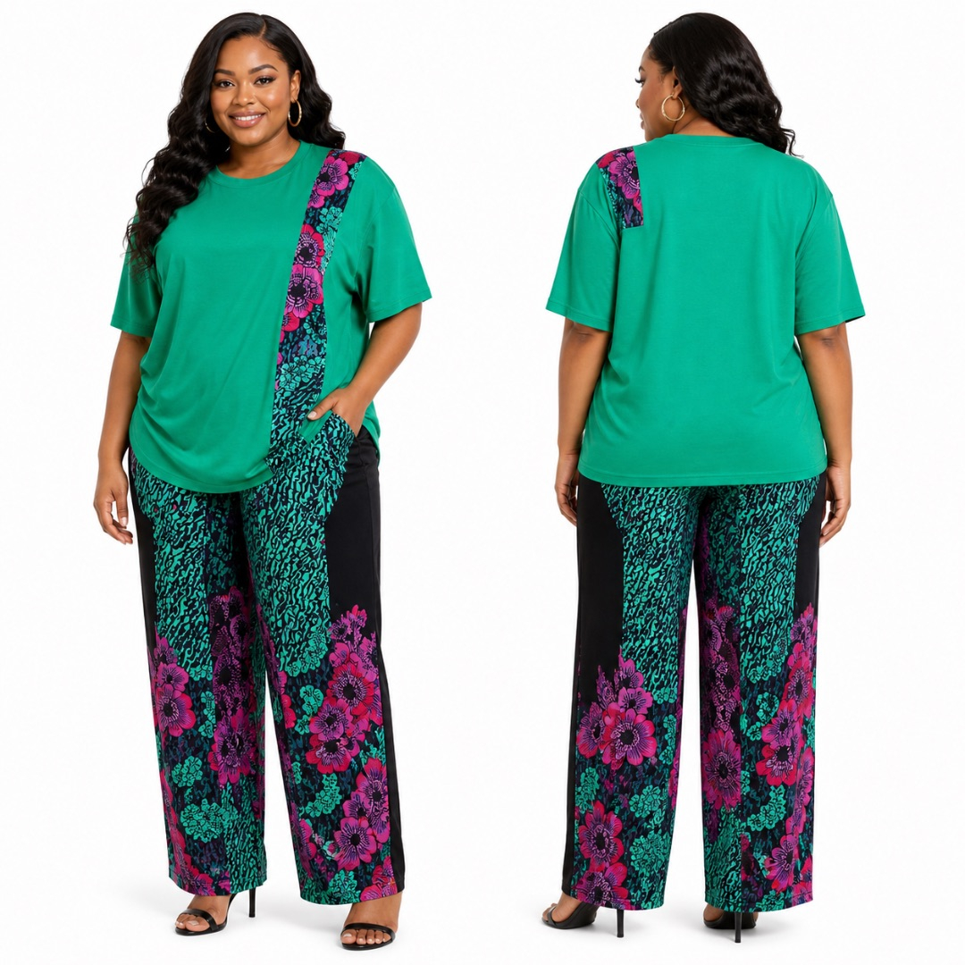 Green Contrast Panel Top and Floral Wide Leg Trouser Set       Casual Chic Two Piece Outfit