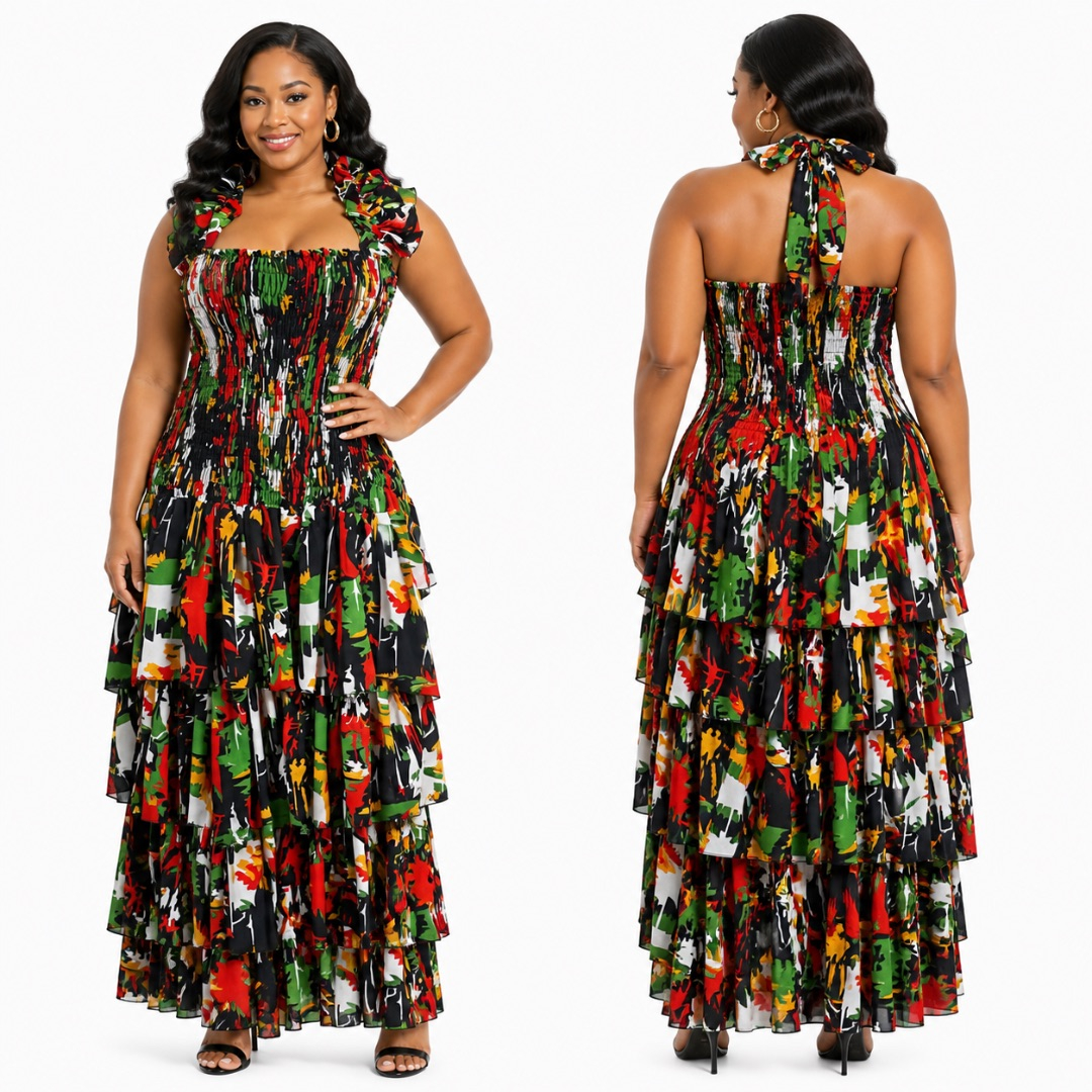 Multicolor Floral Tiered Maxi Dress       Ruffle Sleeve Smocked Elegant Outfit