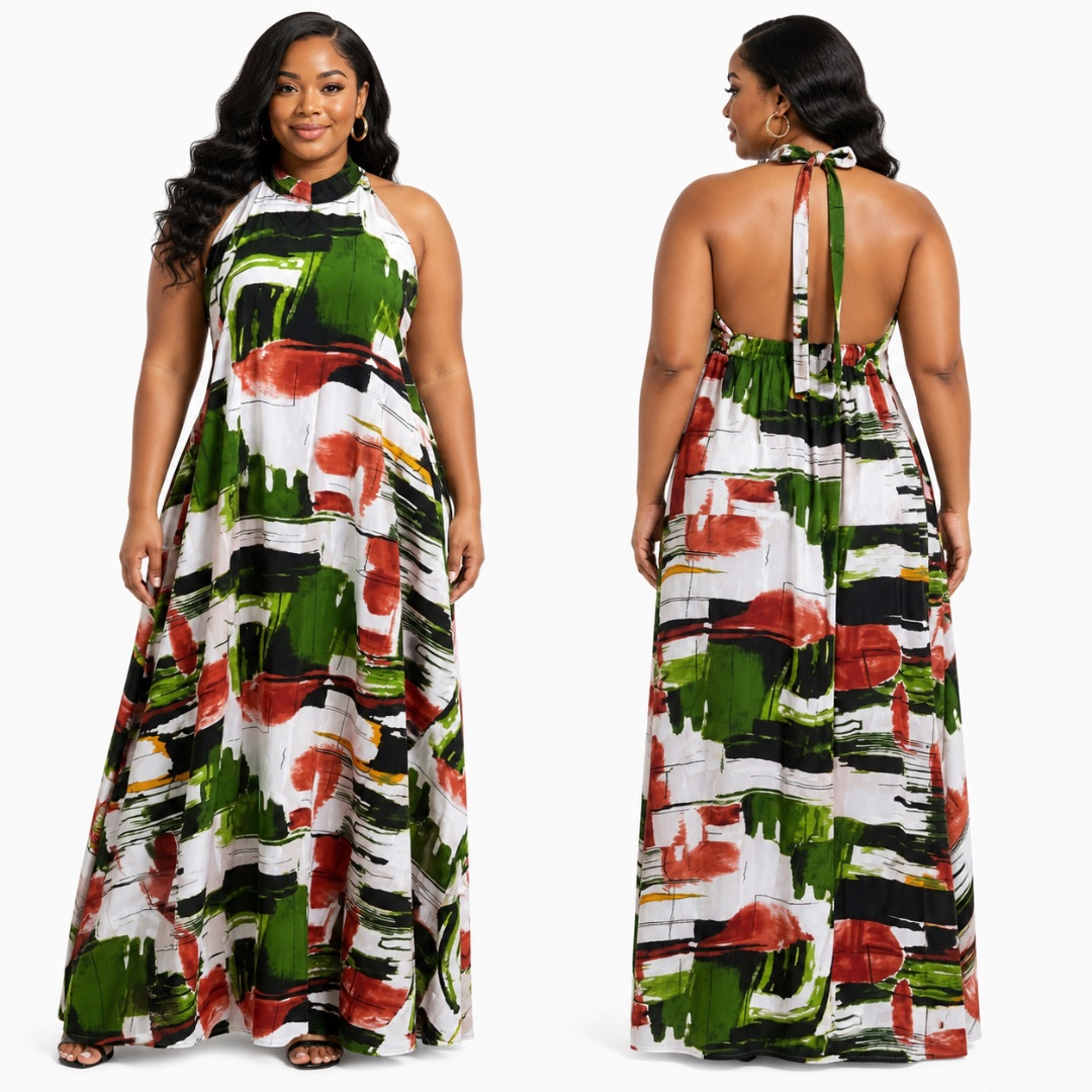 Abstract Print Halter Maxi Dress       Multicolor Flowing Sleeveless Elegant Outfit